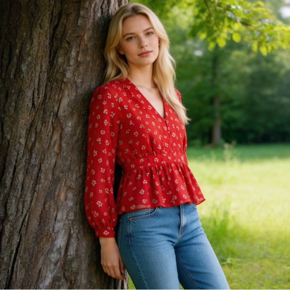 Madewell Red Lilies Floral Peplum Top - Picture 1 of 10